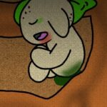 樹木の根元で泣きながら眠りにつく仔実装